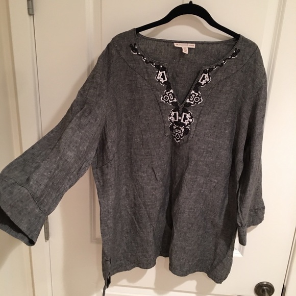 JW Collection Tops - Linen Embroidered Blouse